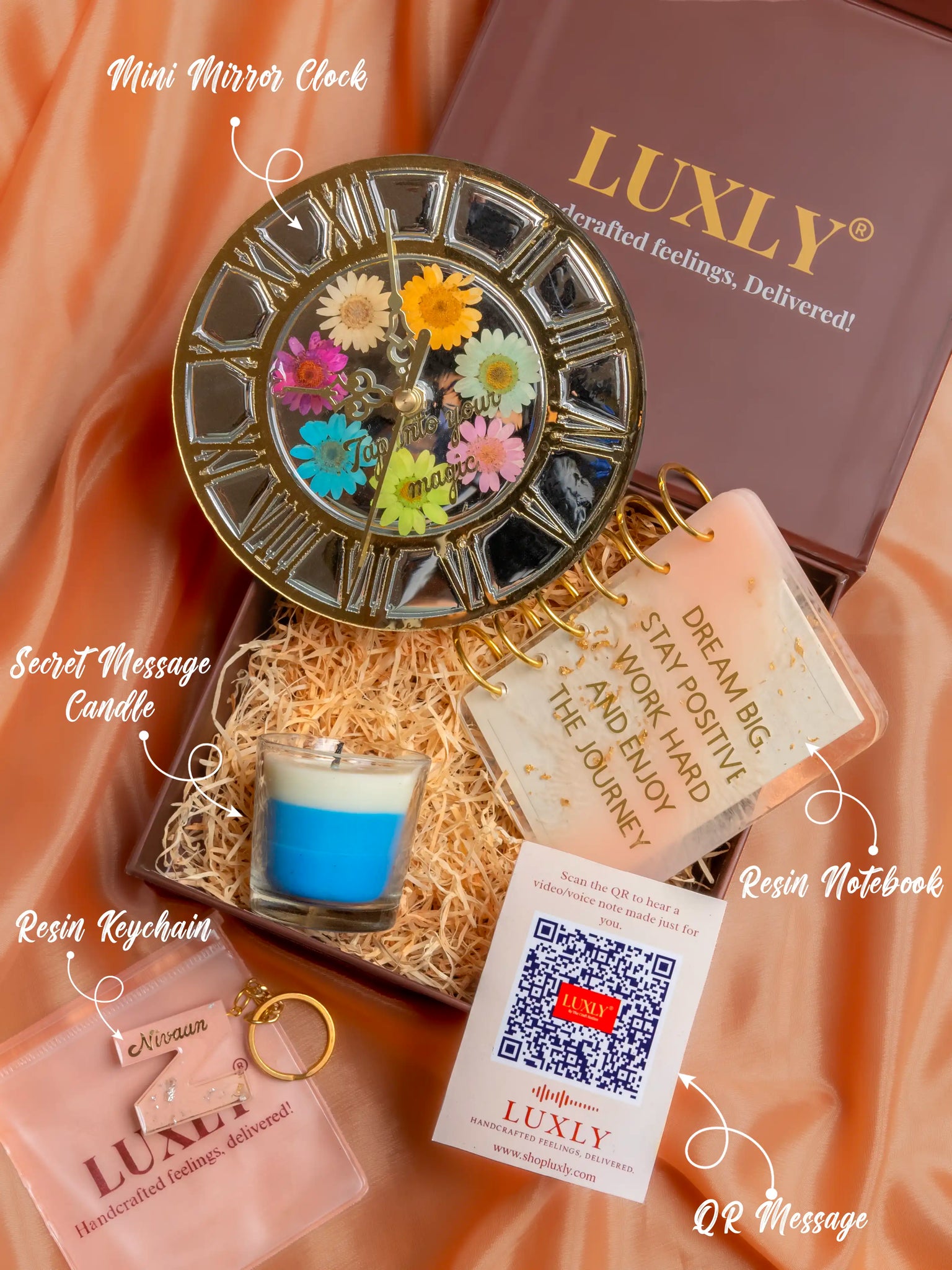 Luxly gift set with mini mirror clock, secret message candle, resin keychain, and resin notebook 