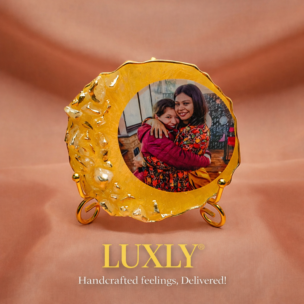 Round resin photo frame with gold finish personalized memory gift by Luxly
